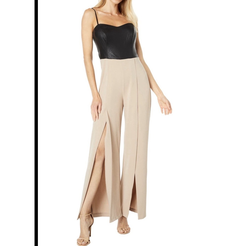 New Bebe Jumpsuit Romper Faux Leather Open Wide Leg Women XXL Black Tan